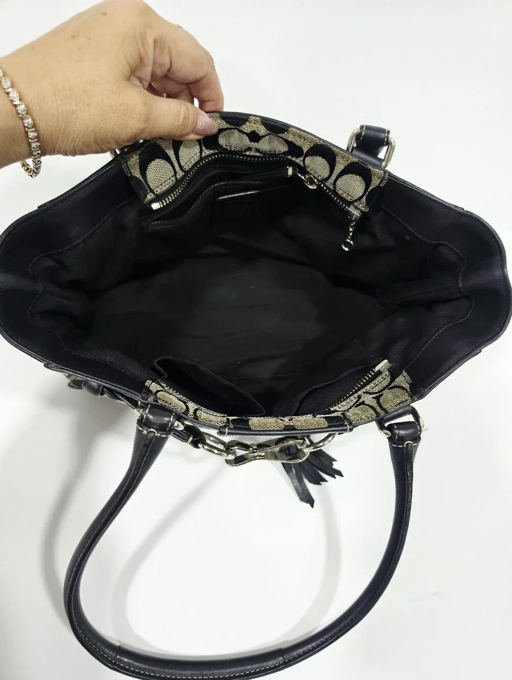 Coach Signature Jacquard Tote Bag Black Ivory Leather Trim F15665